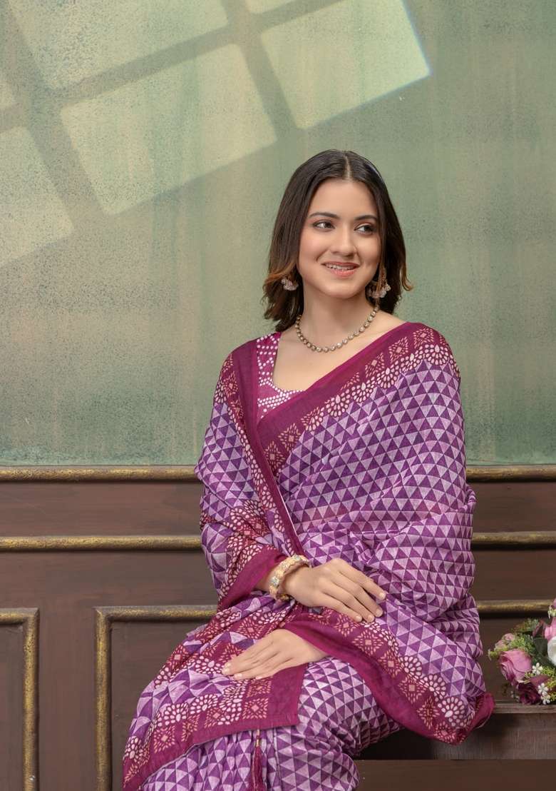 Purple Silk Blend Saree Set with Zari Work for Diwali | Wedding & Festive Wear - Indya
