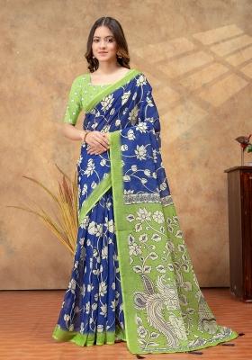 Blue Zari Work Silk Blend Saree Set