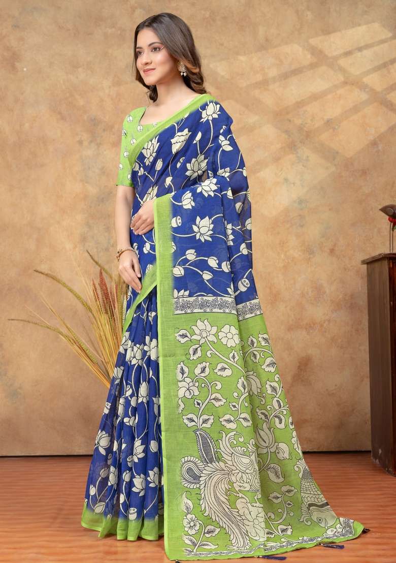 Blue Zari Work Silk Blend Saree Set for Diwali and Festive Wear - Indya