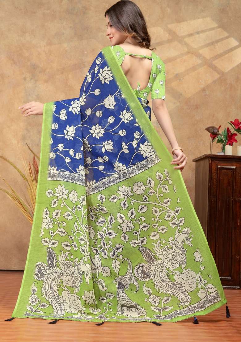 Blue Zari Work Silk Blend Saree Set for Diwali and Festive Wear - Indya
