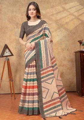 Cream Zari Work Silk Blend Saree Set