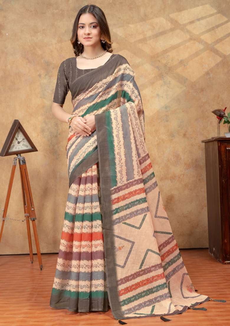 Cream Zari Work Silk Blend Saree Set for Diwali and Festive Wear - Indya