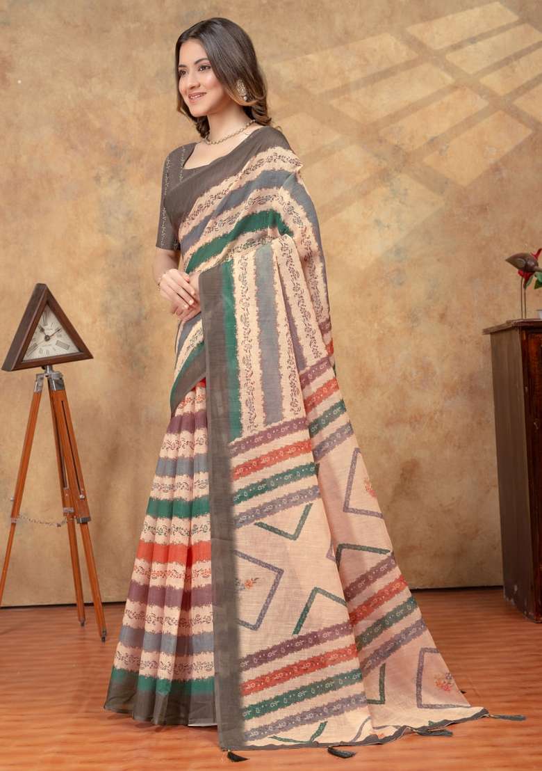 Cream Zari Work Silk Blend Saree Set for Diwali and Festive Wear - Indya
