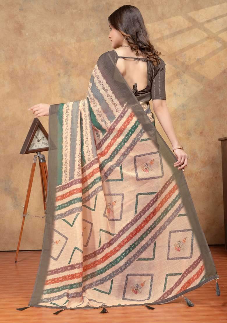 Cream Zari Work Silk Blend Saree Set for Diwali and Festive Wear - Indya