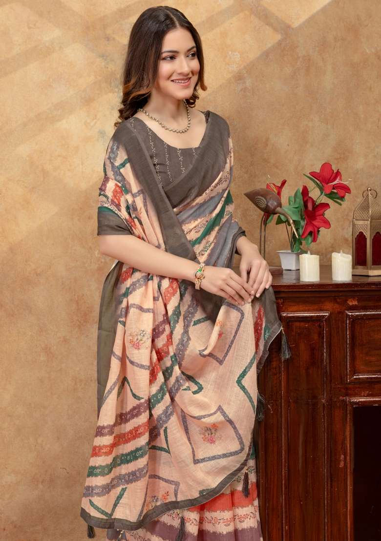 Cream Zari Work Silk Blend Saree Set for Diwali and Festive Wear - Indya