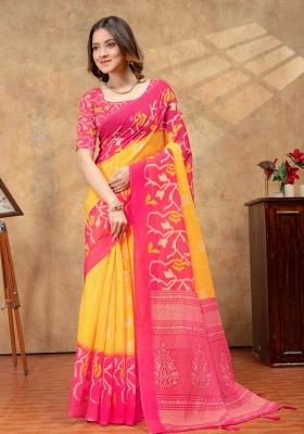 Yellow Zari Work Silk Blend Saree Set