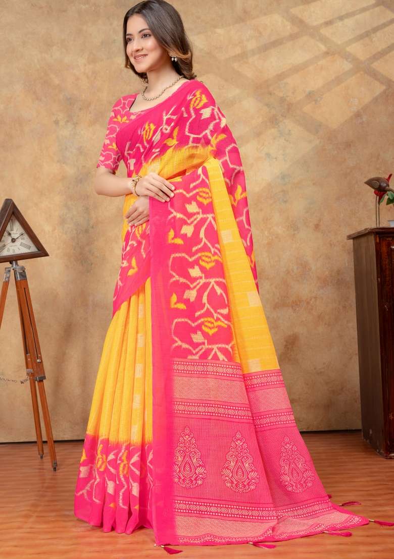 Yellow Silk Blend Saree Set with Zari Work for Diwali | Wedding & Festive Wear - Indya
