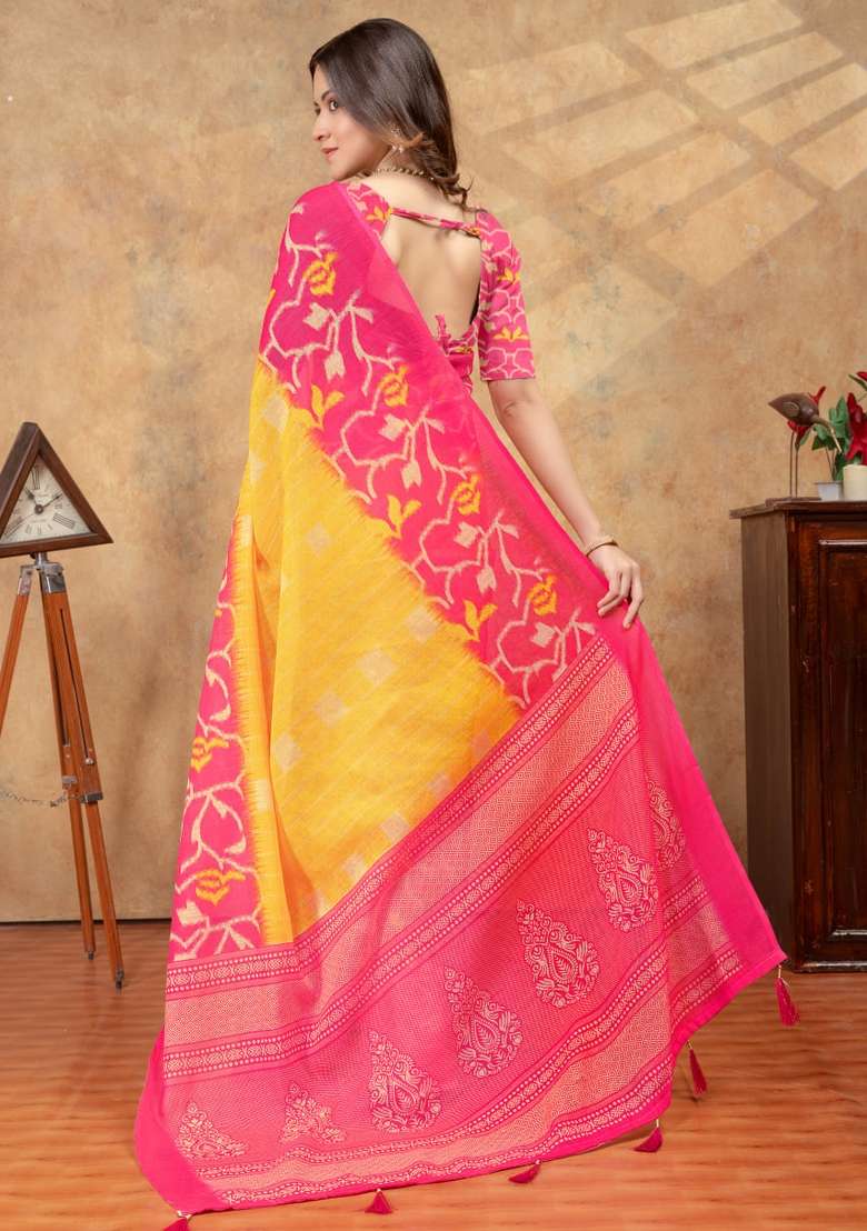 Yellow Silk Blend Saree Set with Zari Work for Diwali | Wedding & Festive Wear - Indya