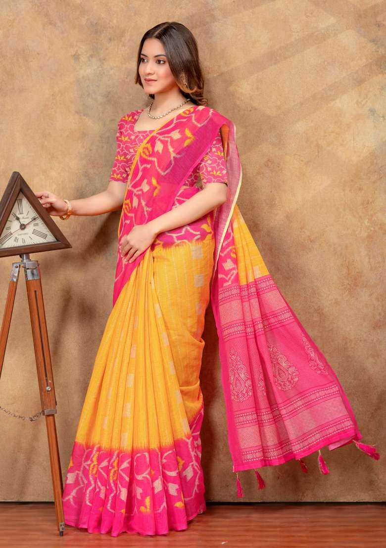 Yellow Silk Blend Saree Set with Zari Work for Diwali | Wedding & Festive Wear - Indya