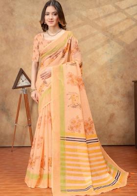 Peach Zari Work Silk Blend Saree Set
