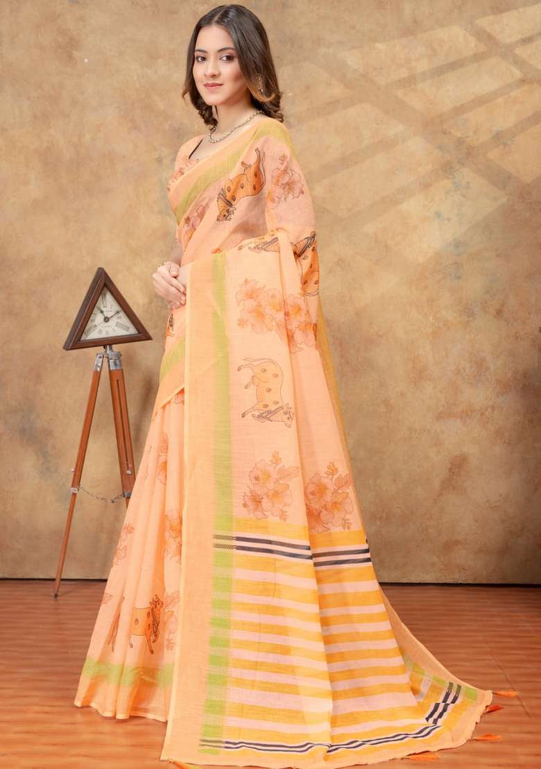 Peach Zari Work Silk Blend Saree Set for Diwali and Festive Wear - Indya