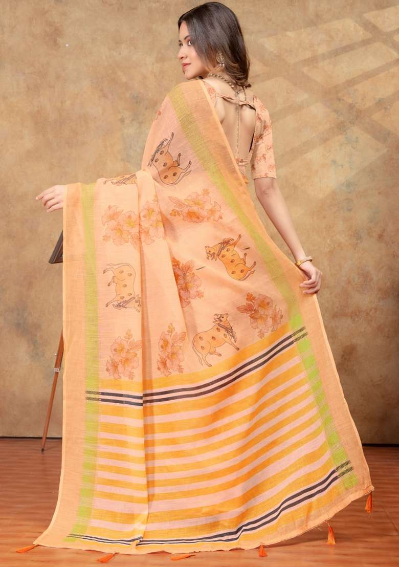 Peach Zari Work Silk Blend Saree Set for Diwali and Festive Wear - Indya