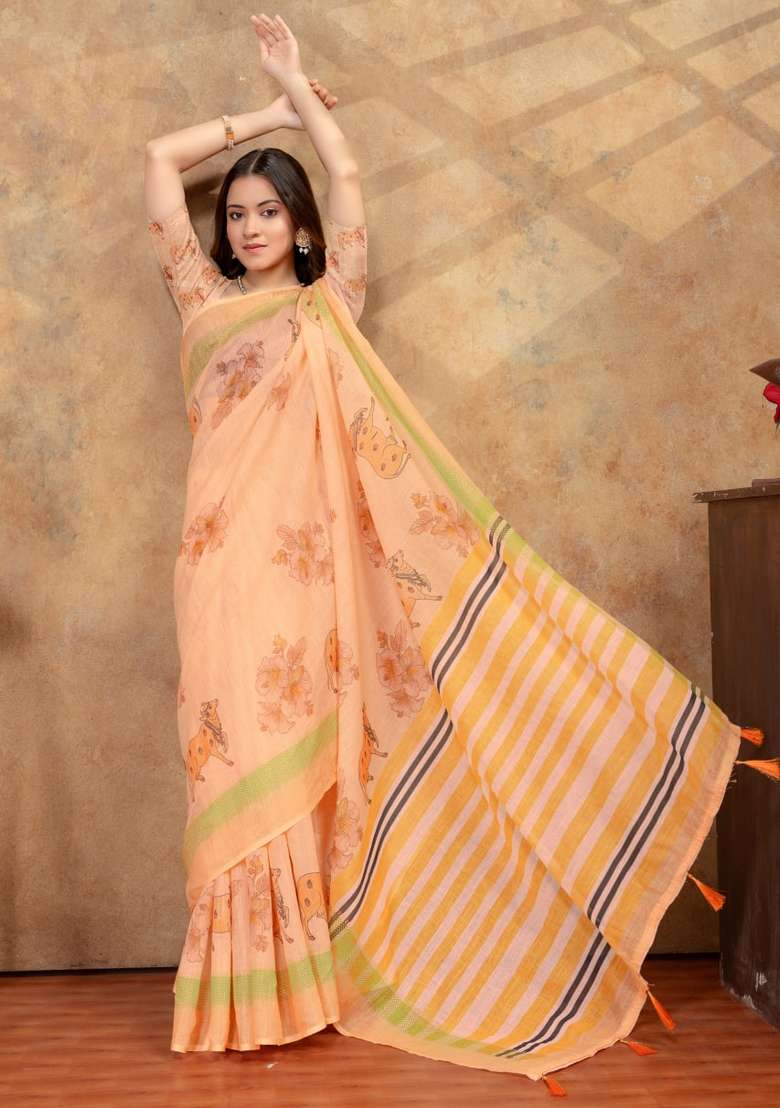 Peach Zari Work Silk Blend Saree Set for Diwali and Festive Wear - Indya