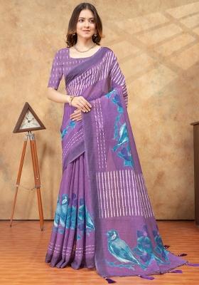 Purple Zari Work Silk Blend Saree Set