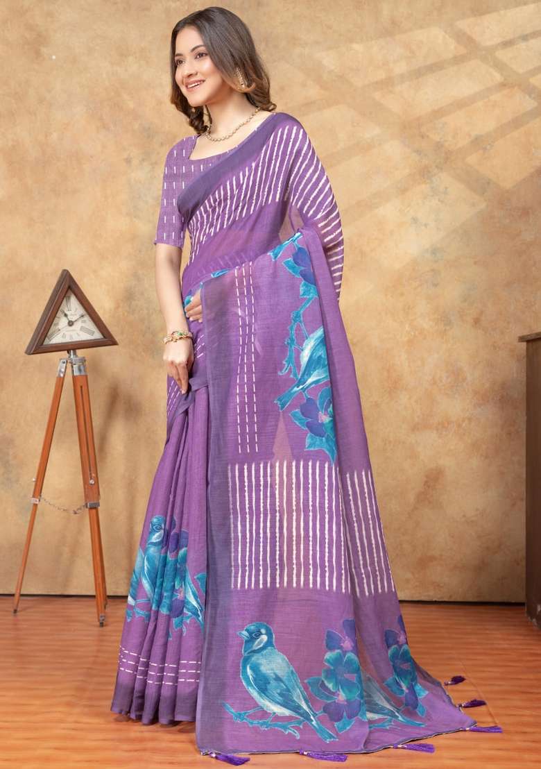 Purple Zari Work Silk Blend Saree Set for Diwali and Festive Wear - Indya