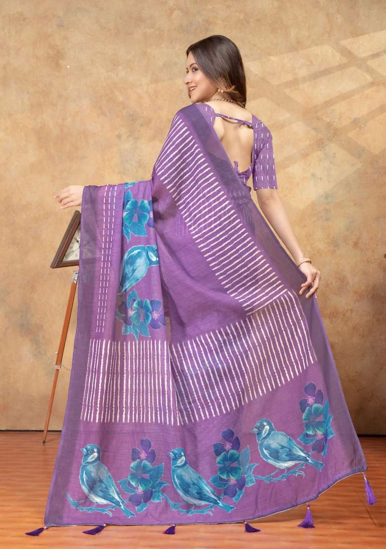 Purple Zari Work Silk Blend Saree Set for Diwali and Festive Wear - Indya