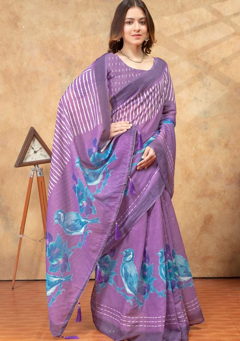 Purple Zari Work Silk Blend Saree Set for Diwali and Festive Wear - Indya