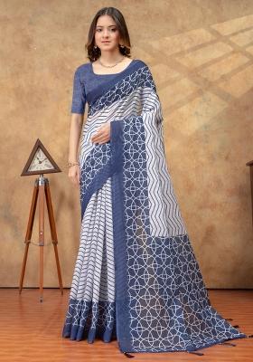 White Zari Work Silk Blend Saree Set