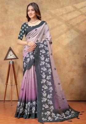 Lavender Zari Work Silk Blend Saree Set