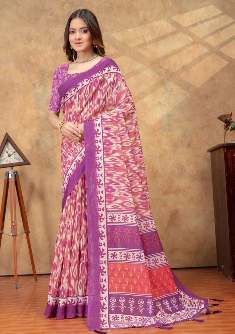 Baby Pink Zari Work Silk Blend Saree Set for Diwali and Festive Wear - Indya
