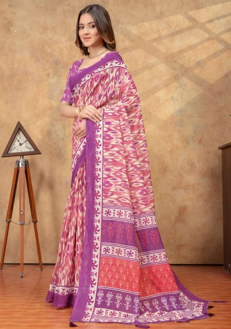 Baby Pink Zari Work Silk Blend Saree Set for Diwali and Festive Wear - Indya