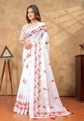 White Zari Work Silk Blend Saree Set