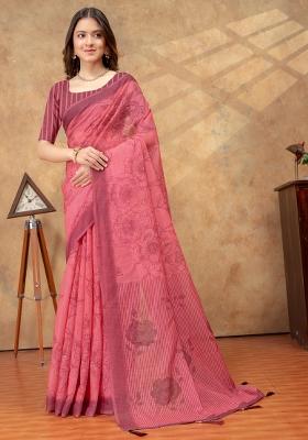 Hot Pink Zari Work Silk Blend Saree Set
