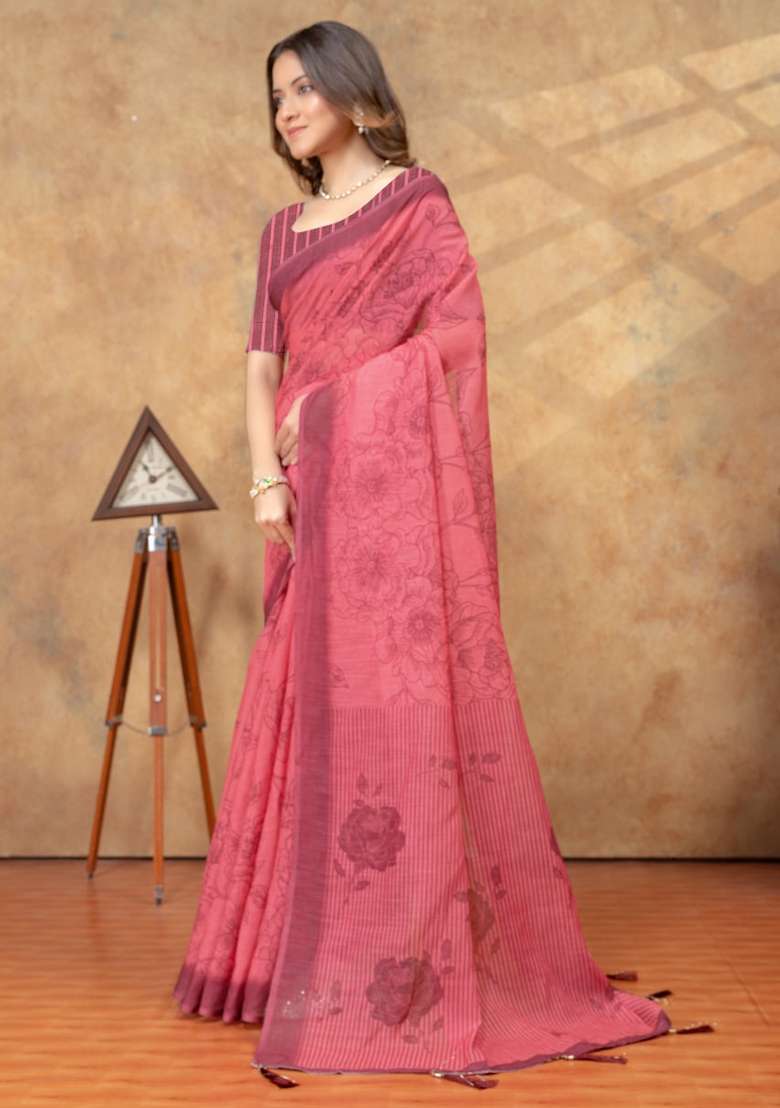 Hot Pink Zari Work Silk Blend Saree Set for Diwali and Festive Wear - Indya