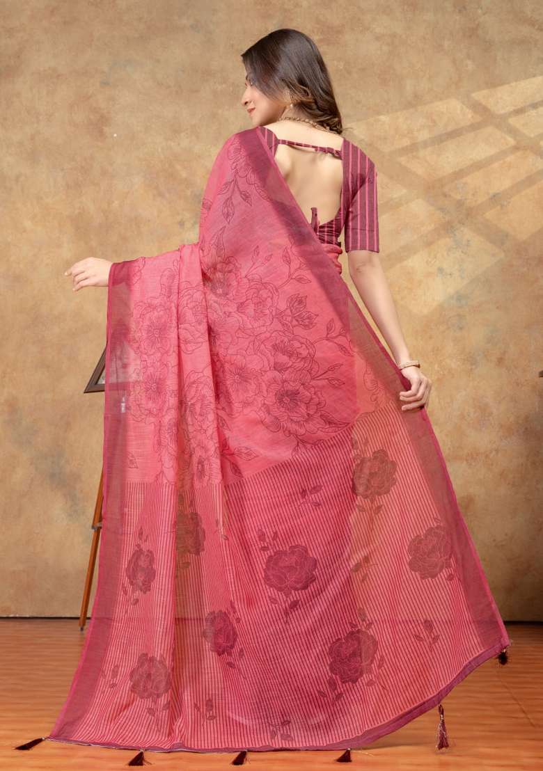 Hot Pink Zari Work Silk Blend Saree Set for Diwali and Festive Wear - Indya