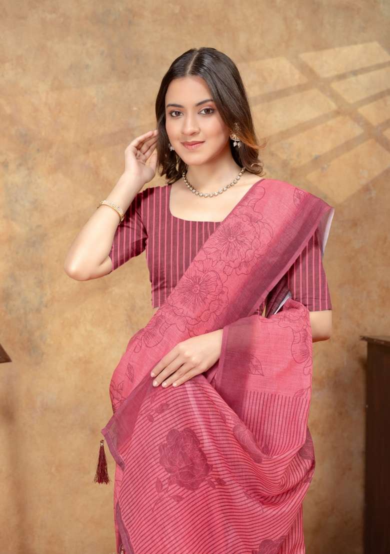 Hot Pink Zari Work Silk Blend Saree Set for Diwali and Festive Wear - Indya