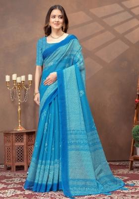 Teal Zari Work Silk Blend Saree Set