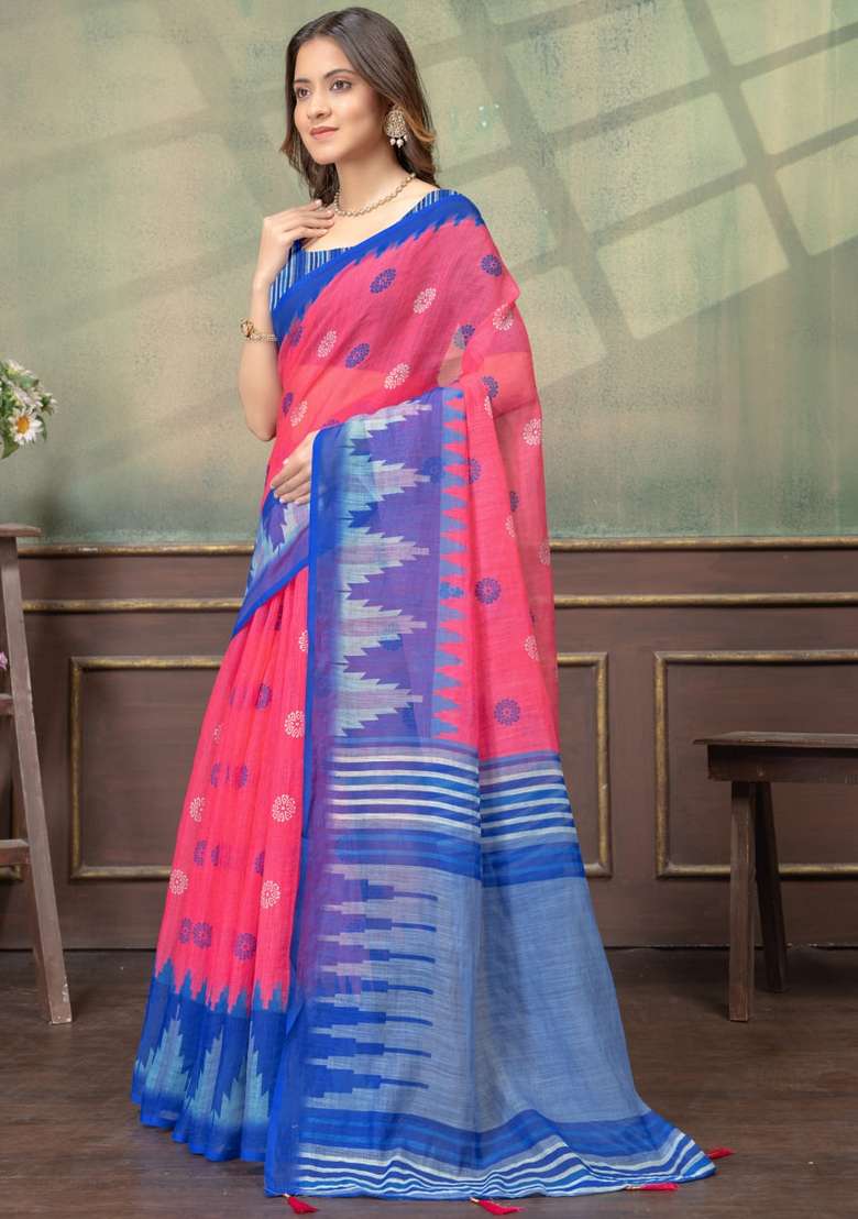 Hot Pink Silk Blend Saree Set with Zari Work for Diwali | Wedding & Festive Wear - Indya