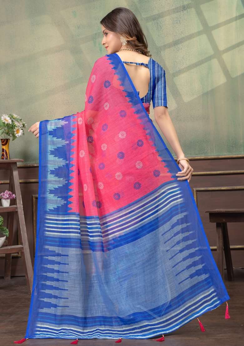 Hot Pink Silk Blend Saree Set with Zari Work for Diwali | Wedding & Festive Wear - Indya