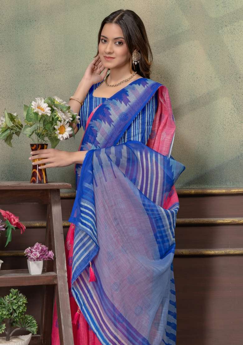 Hot Pink Silk Blend Saree Set with Zari Work for Diwali | Wedding & Festive Wear - Indya