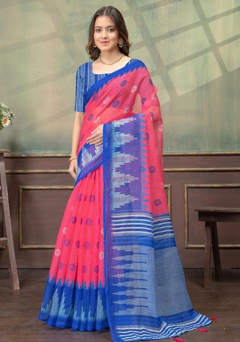 Hot Pink Zari Work Silk Saree Set — view on Indya