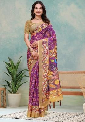 Wine Zari Work Silk Blend Saree Set