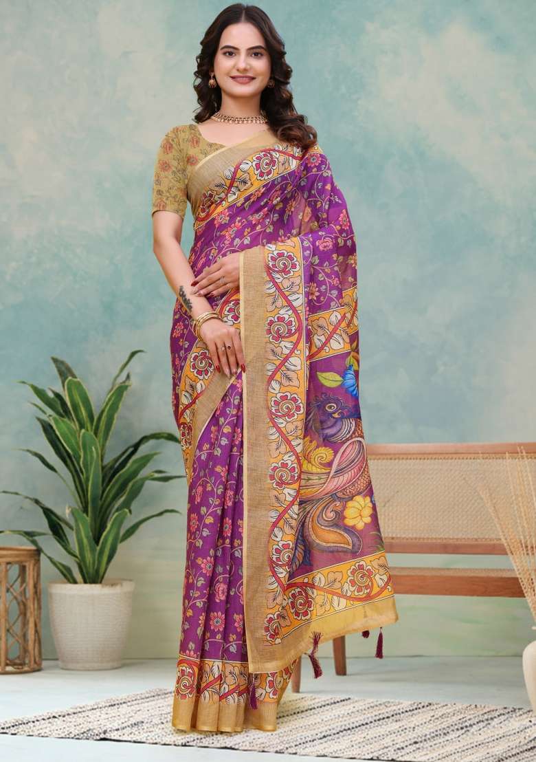 Wine Zari Work Silk Blend Saree Set for Diwali and Festive Wear - Indya