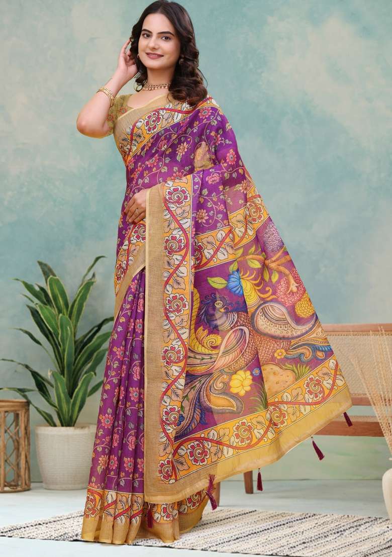Wine Zari Work Silk Blend Saree Set for Diwali and Festive Wear - Indya