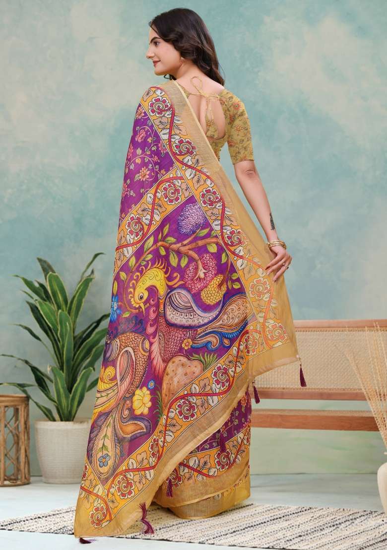 Wine Zari Work Silk Blend Saree Set for Diwali and Festive Wear - Indya