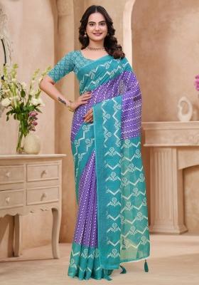 Purple Zari Work Silk Blend Saree Set