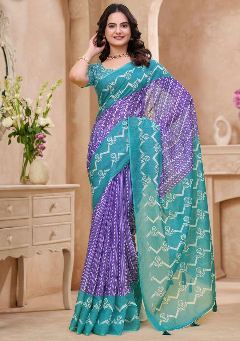 Purple Zari Work Silk Blend Saree Set for Diwali and Festive Wear - Indya