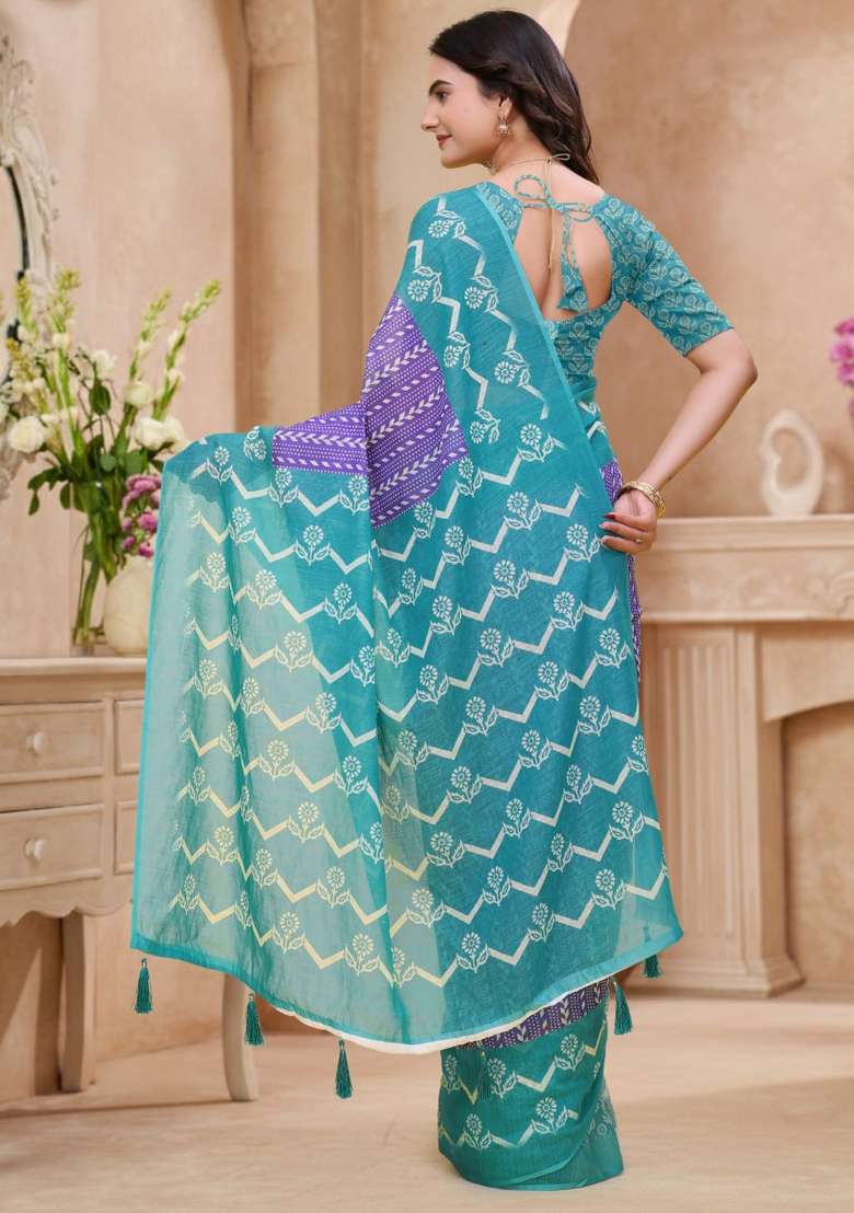 Purple Zari Work Silk Blend Saree Set for Diwali and Festive Wear - Indya