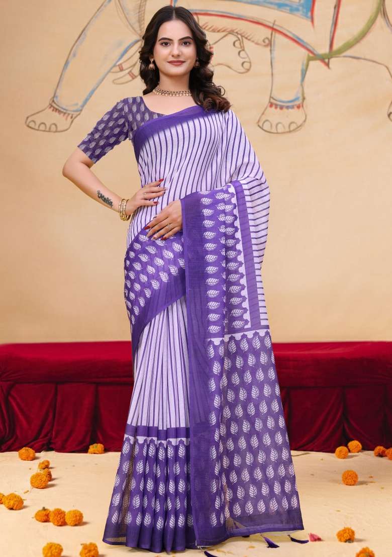 Light Lavender Silk Blend Saree Set with Zari Work for Diwali | Wedding & Festive Wear - Indya