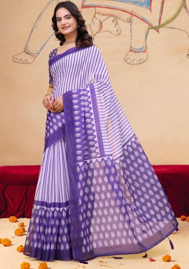 Light Lavender Silk Blend Saree Set with Zari Work for Diwali | Wedding & Festive Wear - Indya