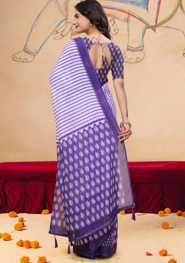 Light Lavender Silk Blend Saree Set with Zari Work for Diwali | Wedding & Festive Wear - Indya