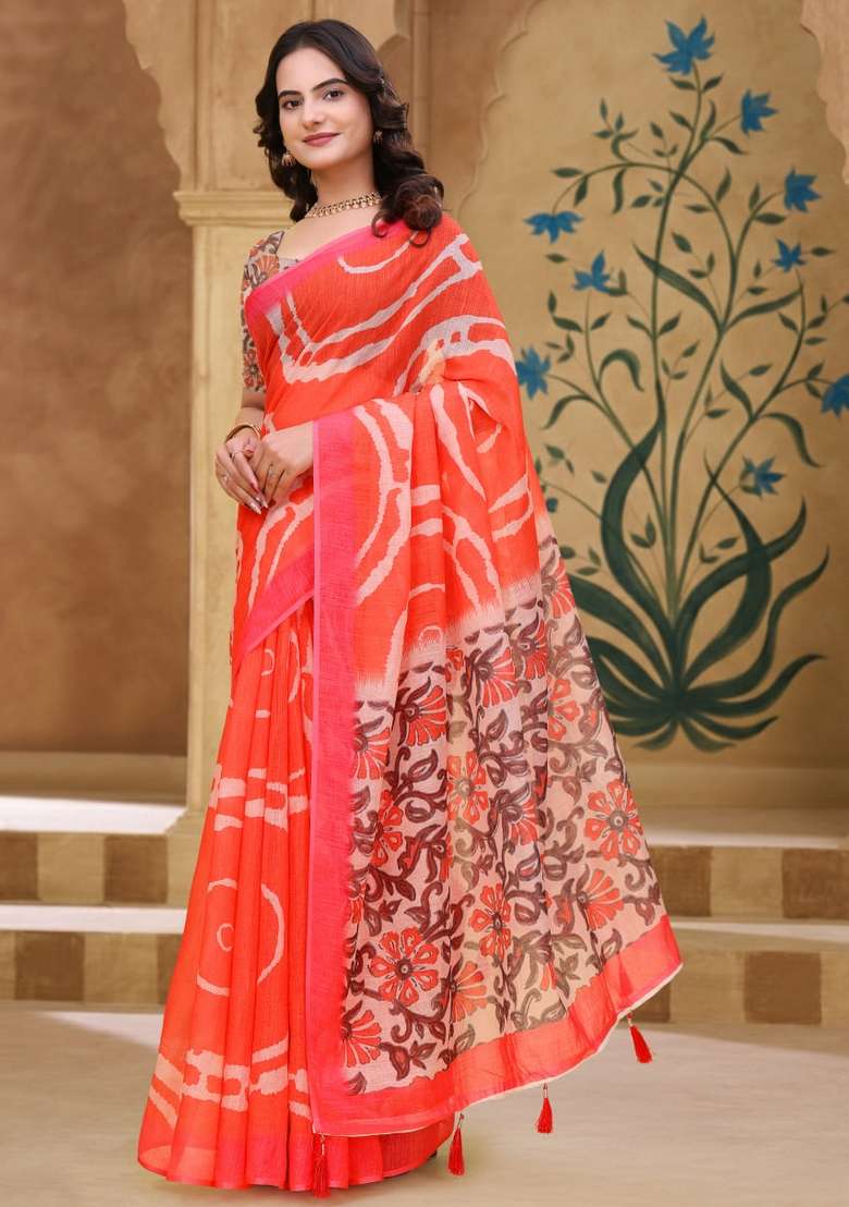 Orange Zari Work Silk Blend Saree Set for Diwali and Festive Wear - Indya