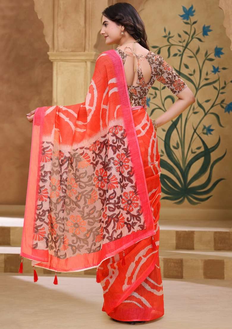 Orange Zari Work Silk Blend Saree Set for Diwali and Festive Wear - Indya