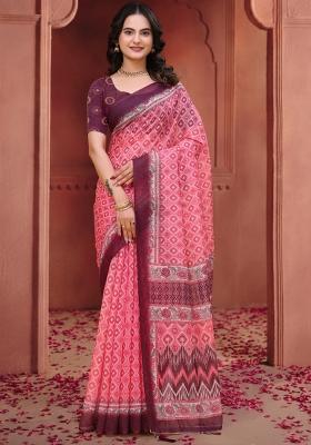 Baby Pink Zari Work Silk Blend Saree Set