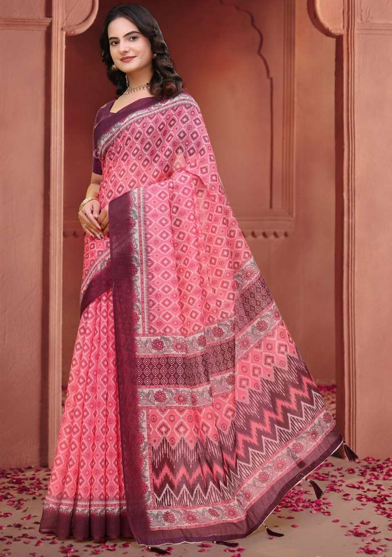 Baby Pink Zari Work Silk Blend Saree Set for Diwali and Festive Wear - Indya