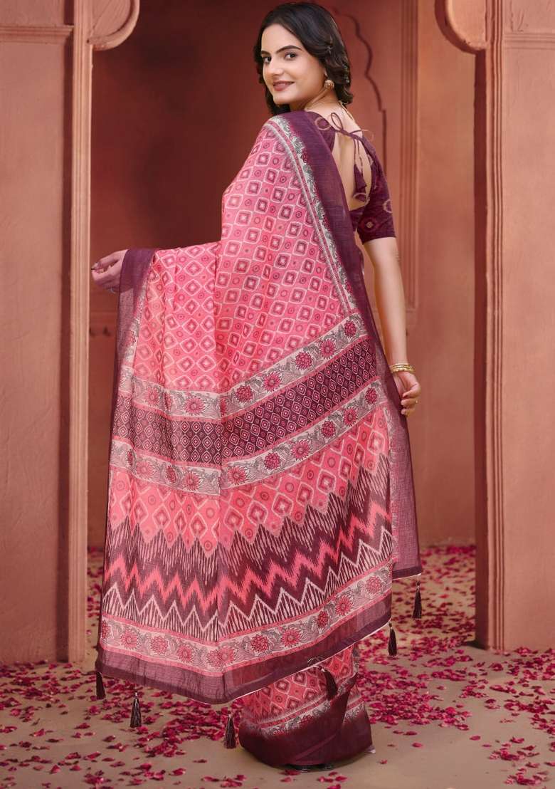 Baby Pink Zari Work Silk Blend Saree Set for Diwali and Festive Wear - Indya